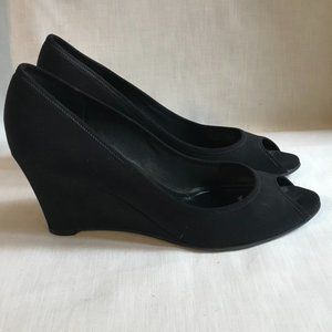 Salvatore Ferragamo Black Peeptoe Wedge Heels